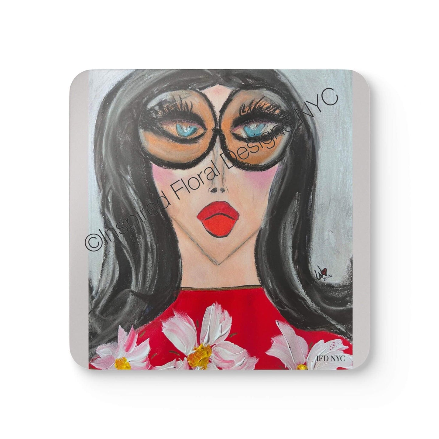 Odette Visages single coaster close-up showing full art detail by Whitney at Inspired Floral Designs NYC