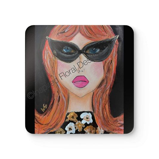 Sable Power Gals single coaster close-up fiery auburn hair black cat-eye mask blue eyes pink lips by Whitney at Inspired Floral Designs NYC