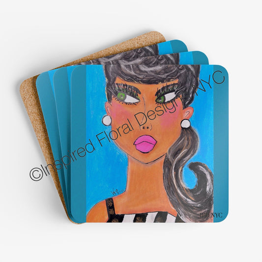 Simone Power Gals coaster set of 4 stacked showing cork back by Inspired Floral Designs NYC
