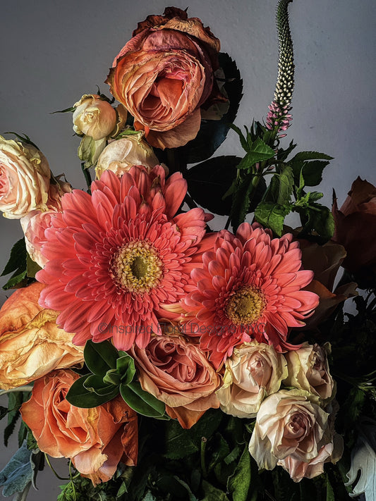 Bouquet of flowers with pink daisies and roses on a gray background copyright photography inspired floral designs nyc set of 5 greeting cards