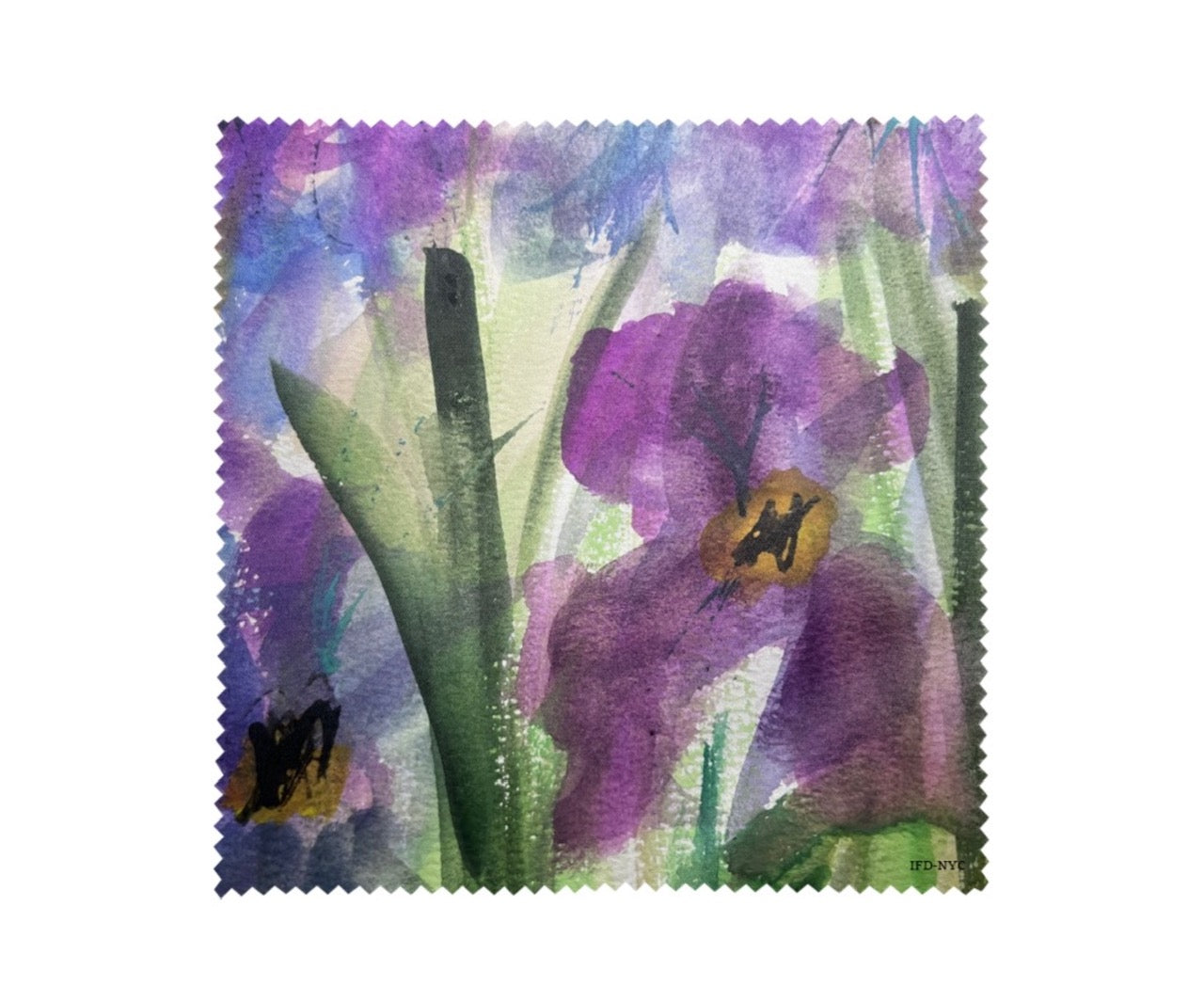 A colorful watercolor Iris square-shaped glass/phone/camera lens cleaning cloth with floral patterns, crafted from microfiber material from original artwork by Whitney and Barbara at inspired floral designs nyc