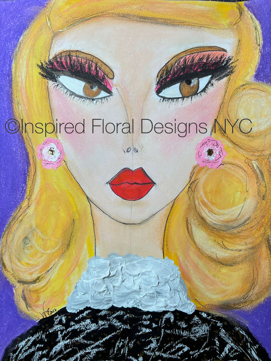 A stylized portrait painting of a woman with voluminous blonde hair, pink flower earrings, red lips, and a black-and-white textured top against a purple background by Whitney from Inspired Floral Designs NYC LLC. A watermark reading 'Inspired Floral Designs NYC' is visible across the center copyright.