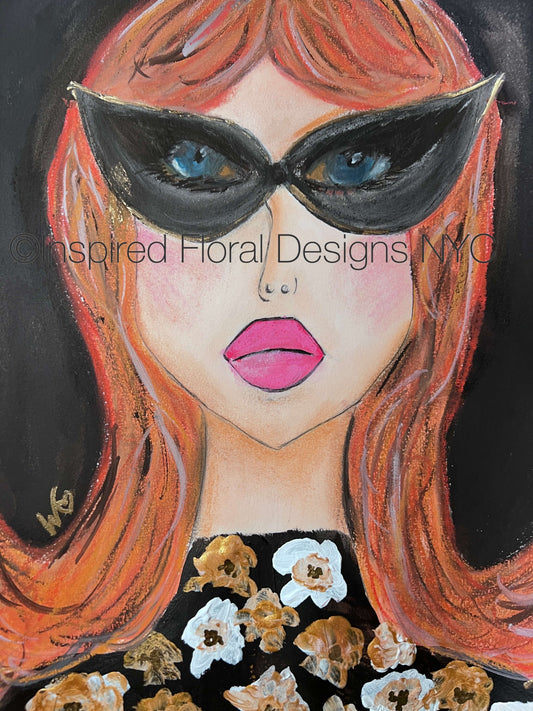 A stylized portrait painting of a woman with bright orange-red hair, black cat-eye sunglasses, pink lips, and a black floral top on a dark background by Whitney at Inspired Floral Designs nyc llc. A watermark reading 'Inspired Floral Designs NYC' is visible across the face. Copyright