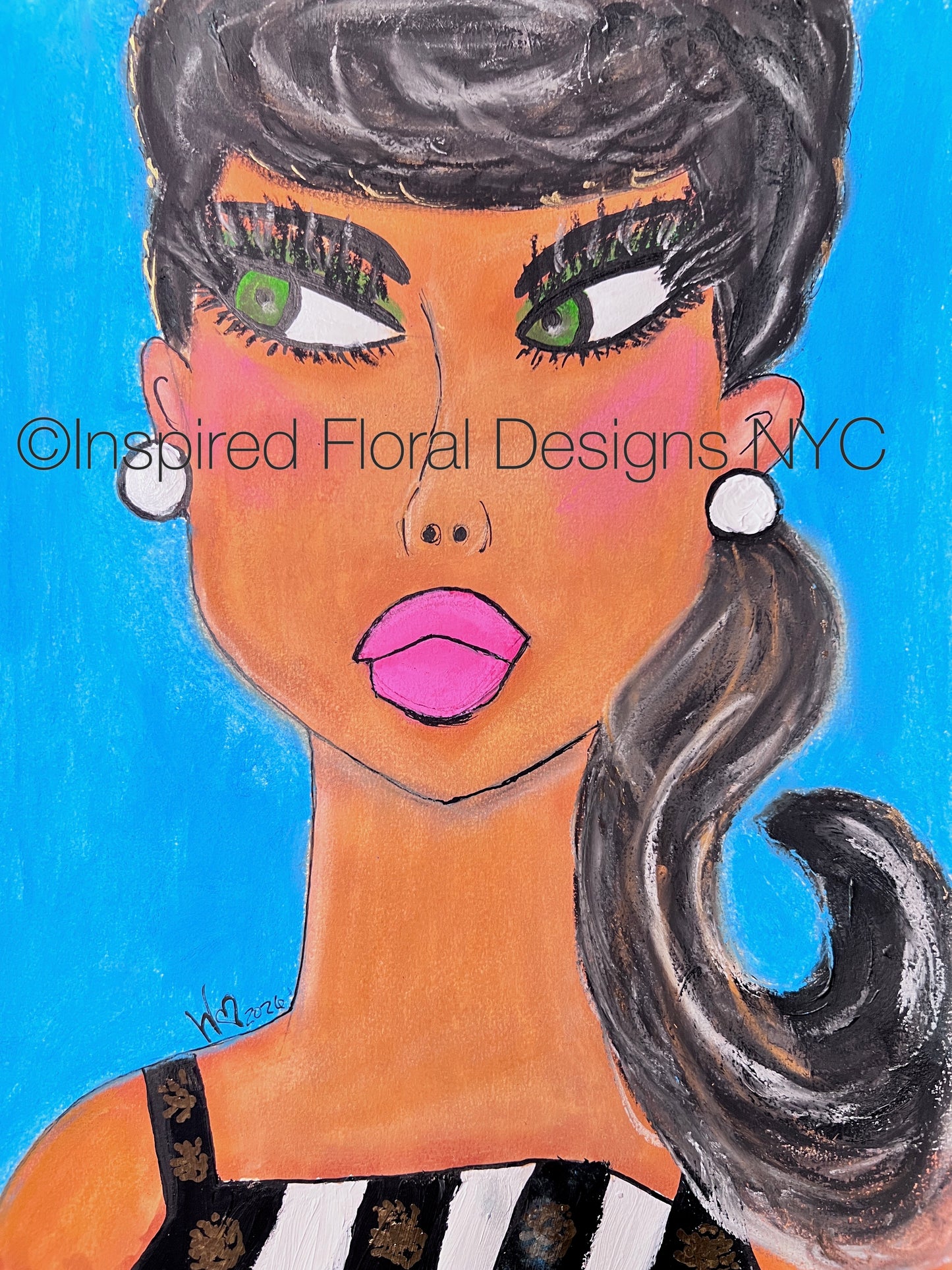 A stylized painting of a woman with dark hair, green eyes, pink lips, and white earrings against a bright blue background by Whitney at Inspired Floral Designs NYC. The artwork includes a visible watermark reading 'Inspired Floral Designs NYC' across the center. copyright