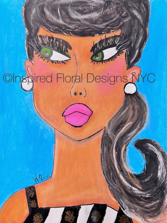 A stylized painting of a woman with dark hair, green eyes, pink lips, and white earrings against a bright blue background by Whitney at Inspired Floral Designs NYC. The artwork includes a visible watermark reading 'Inspired Floral Designs NYC' across the center. copyright