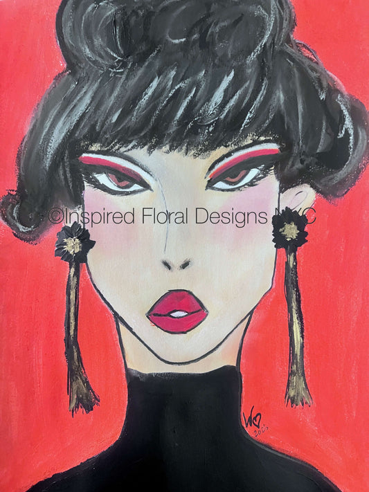 A stylized portrait painting of a woman's face with black hair, red lips, and long black earrings against a bright red background by Whitney at Inspired Floral Designs NYC LLC. A watermark reading 'Inspired Floral Designs LLC' is visible across the center. Copyright