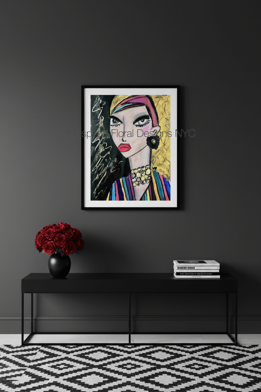 Framed artwork of a stylized woman's face on a dark wall with a black console table and decorative items by whitney inspired floral designs nyc llc copyright