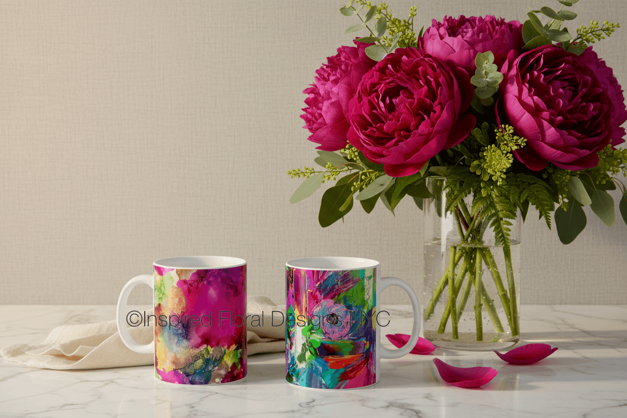 two floral abstracts coffee mugs from inspired floral designs nyc llc copyright and a large bouquet of reddish pink peonies on a marble table.