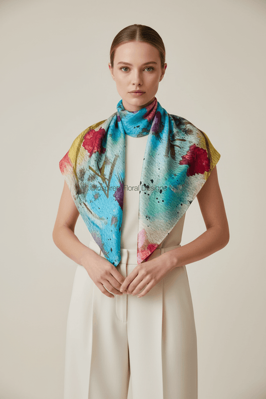 colorful scarf floral symphony inspired floral designs nyc llc on a woman wearing cream with a cream background copyright