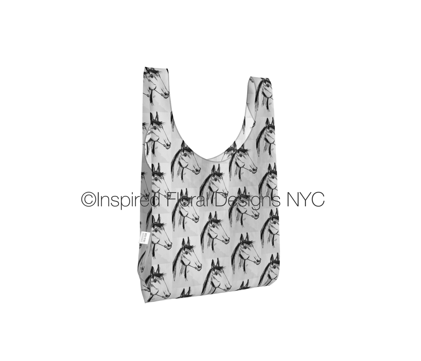 Reusable shopping bag with horse pattern by Whitney on a white background Inspired Floral Designs NYC LLC