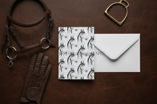 Card with horse pattern by whitney inspired floral designs nyc llc, envelope, leather glove, and bridle on a brown surface copyright