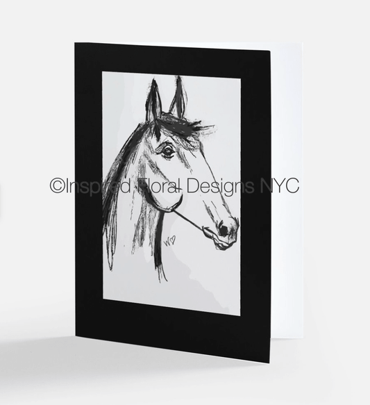 Framed black and white drawing of a horse's head by Whitney from Inspired Floral Designs NYC LLC on a white background