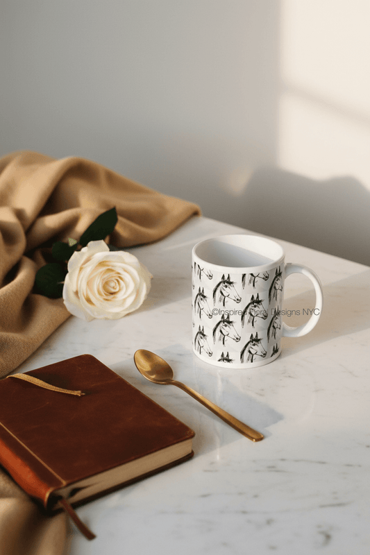 horse sketch on cup with rose, spoon and journal on table with a cashmere throw