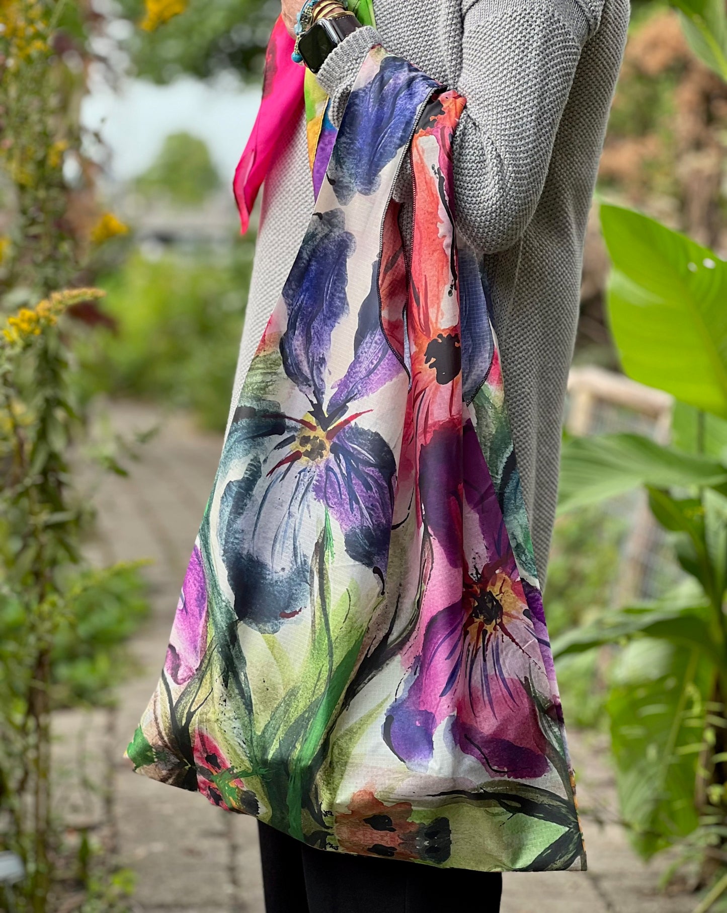inspired floral designs nyc floral waterproof shopping bag, durable, parachute material ripstop fabric