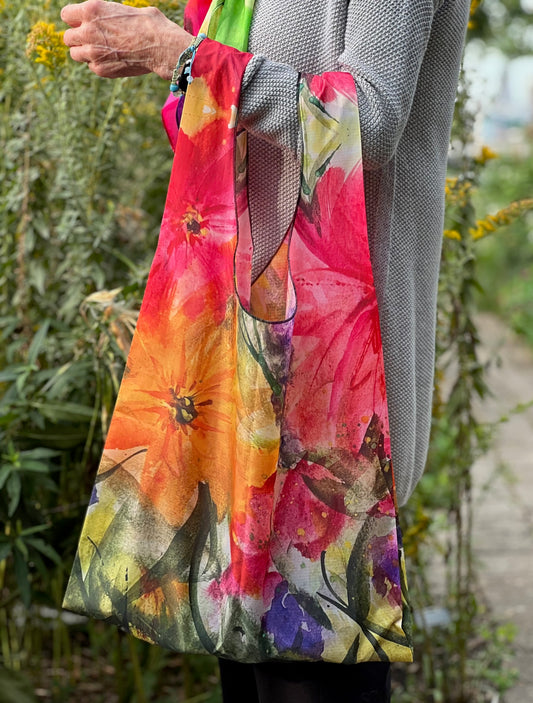 inspired floral designs nyc floral shopping bag, ripstop parachute material, waterproof blossom totes designed by whitney and barbara