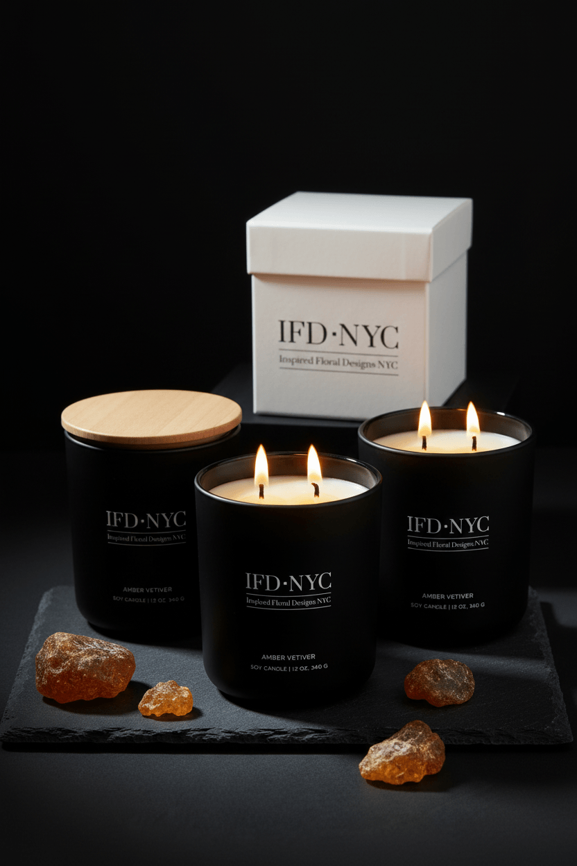 IFD NYC candles with a white box on a dark background