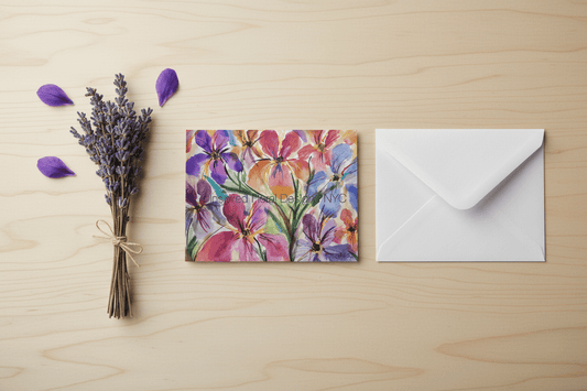 Floral card with a bouquet of lavender on a wooden surface