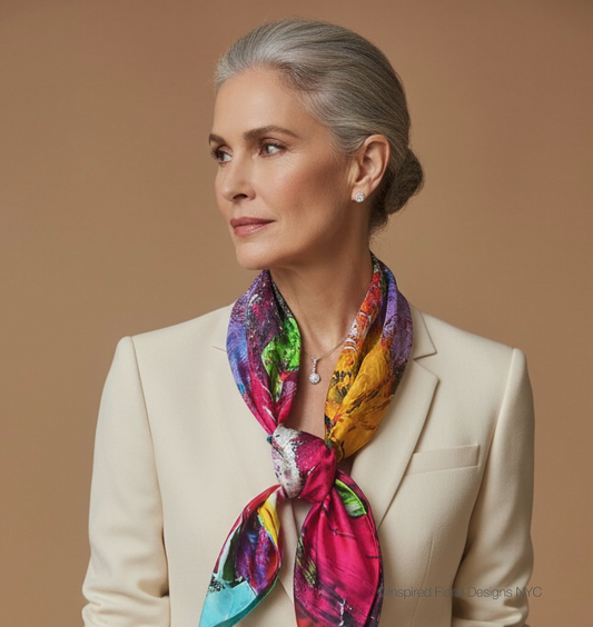 woman in late 50's wearing colorful abstract scarf from inspired floral designs nyc petal in the wild copyright