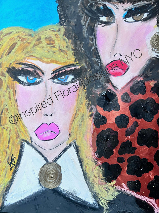 A stylized portrait painting of two women with dramatic makeup and bold colors. The left figure has blonde hair, blue eyes, pink lips, and a white collar with a gold rosette by Whitney at Inspired Floral Designs NYC LLC Copyright