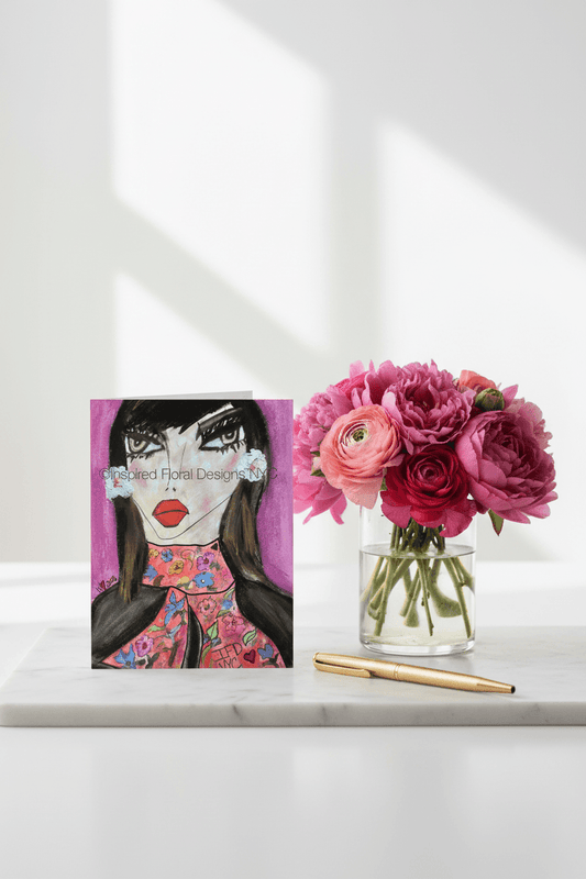 Greeting card of stylized face by inspired floral designs nyc next to a vase of pink flowers on a white surface.