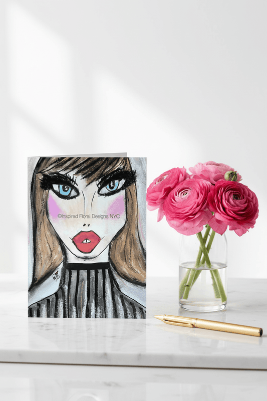 fashion drawing of woman's face with large red lips, big eyes and black and white striped top with pink flowers in a vase by inspired floral designs nyc llc
