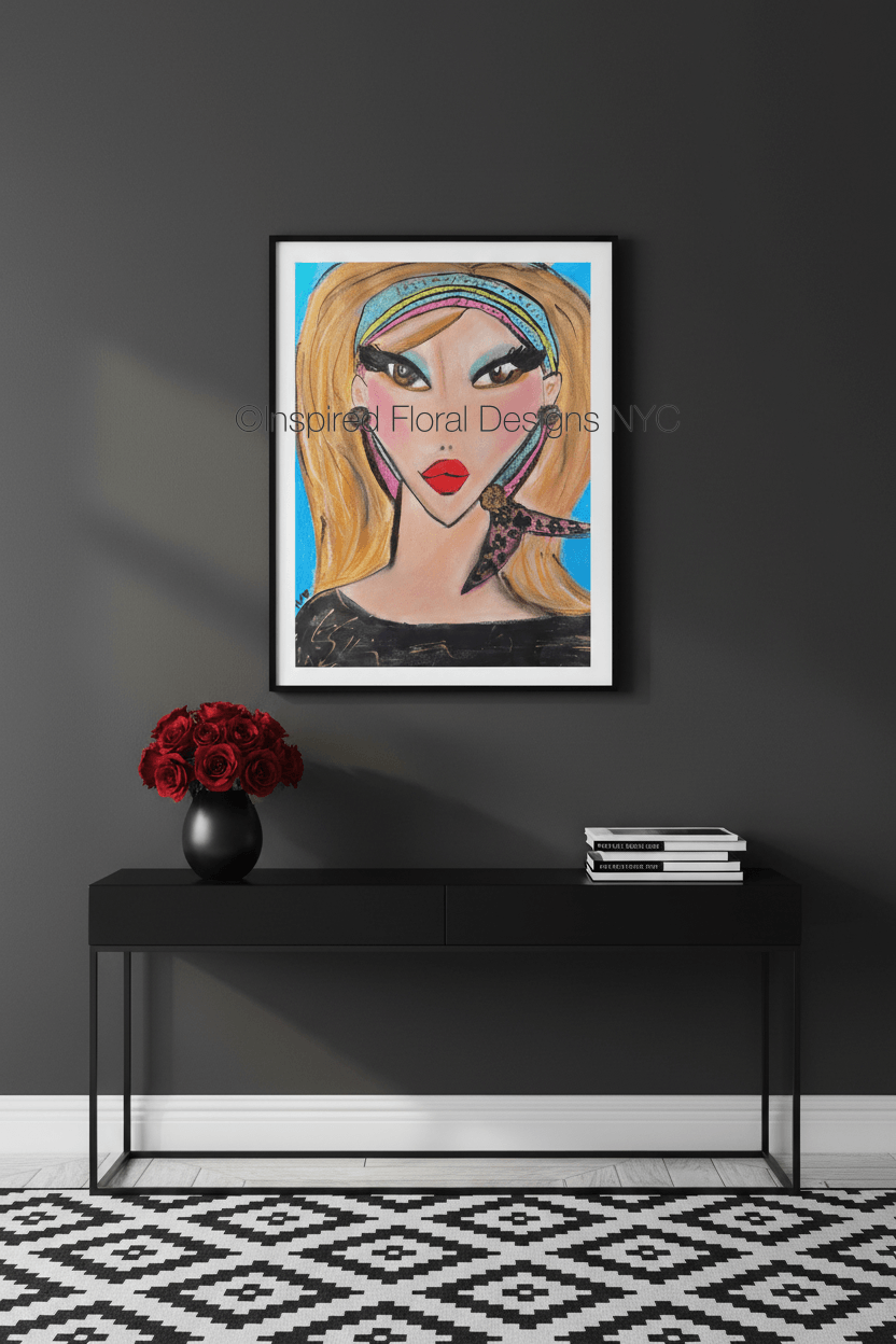 Framed artwork of a stylized woman's face on a dark wall above a black console table by whitney inspired floral designs nyc llc copyright