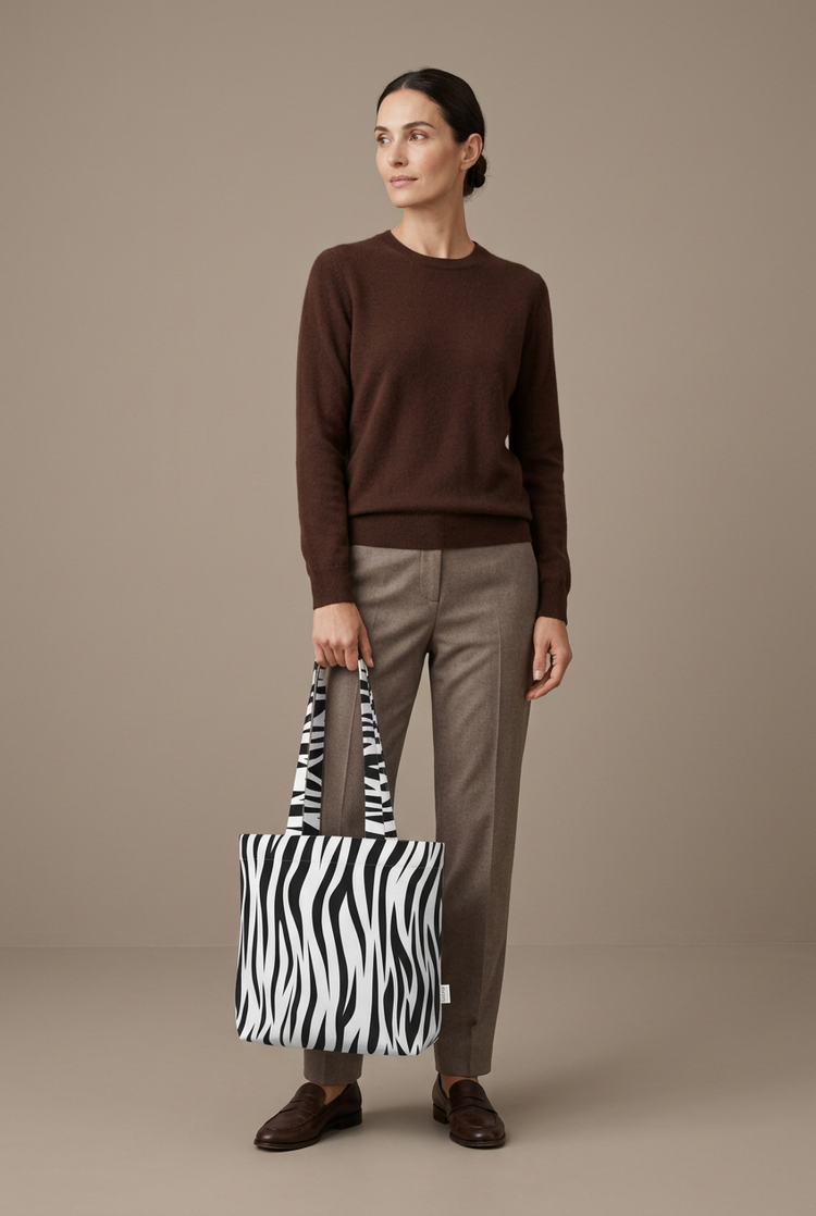 Fresh zebra tote editorial with neutral studio coloring