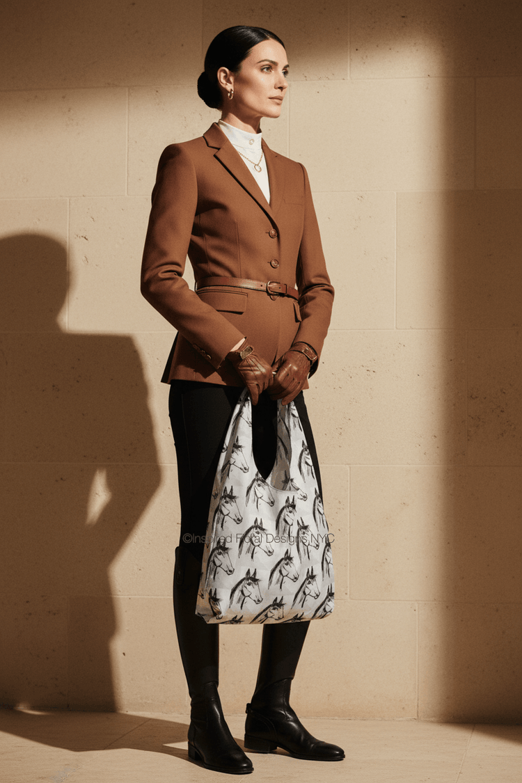 horse spirit tote with woman in a riding outfit with riding boots and jacket inspired floral designs nyc llc copyright