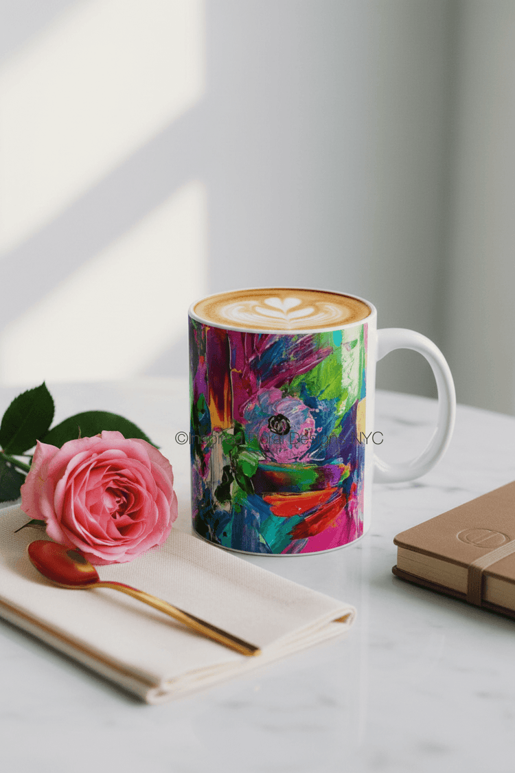 petals unleashed coffee mug with a rose and spoon and napkin inspired floral designs nyc llc