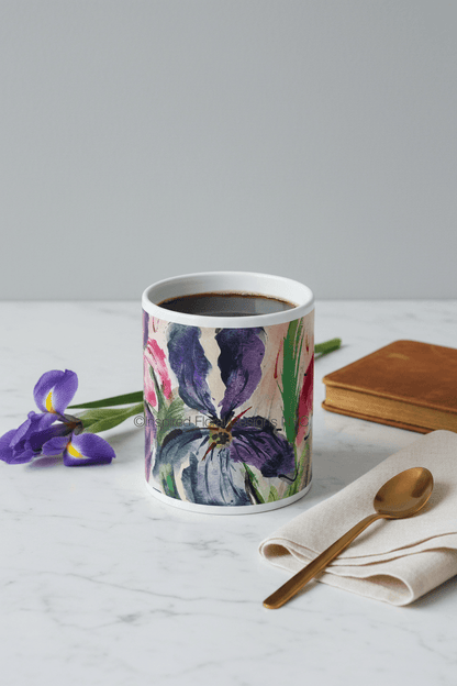 allegra's iris jumbo coffee mug with spoon, flower, book and napkin by inspired floral designs nyc llc copyright