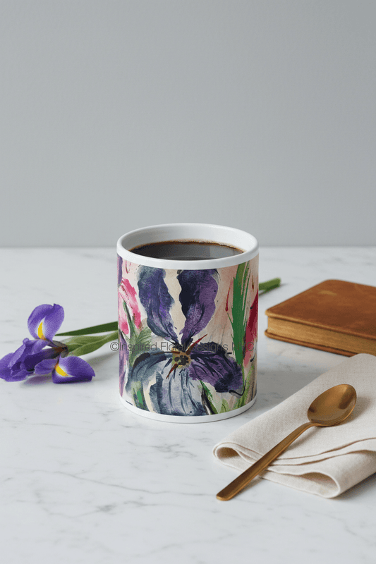 allegra's iris jumbo coffee mug with spoon, flower, book and napkin by inspired floral designs nyc llc copyright