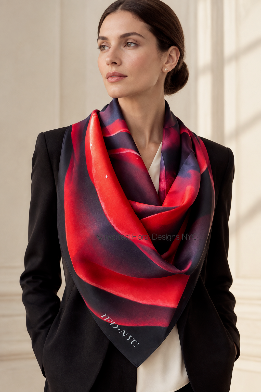 A woman wearing a black blazer and cream blouse models a square silk scarf with a bold red and black abstract floral pattern. The brand name 'IFDNYC' is printed in white near the bottom corner of the scarf. Inspired Floral Designs NYC