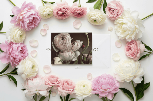 Floral arrangement with pink and white flowers surrounding a photo by whitney of flowers on a white background inspired floral designs nyc copyright 