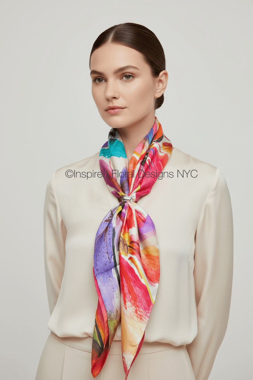 A woman wearing a cream satin blouse and matching trousers, styled with a vibrant, multicolored abstract floral silk scarf by inspired floral designs nyc tied around her neck. The scarf features shades of pink, purple, orange, red, and blue. copyright