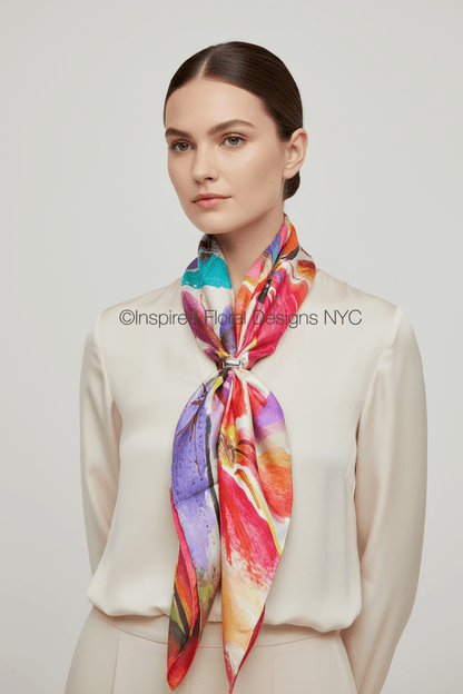 A woman wearing a cream satin blouse and matching trousers, styled with a vibrant, multicolored abstract floral silk scarf by inspired floral designs nyc tied around her neck. The scarf features shades of pink, purple, orange, red, and blue. copyright
