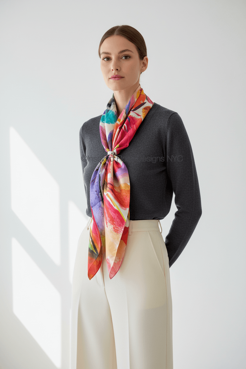 A woman wearing a dark gray knit sweater and cream wide-leg trousers, styled with a vibrant multicolor abstract floral print silk scarf by Inspired Floral Designs NYC LLC tied around her neck. Copyright