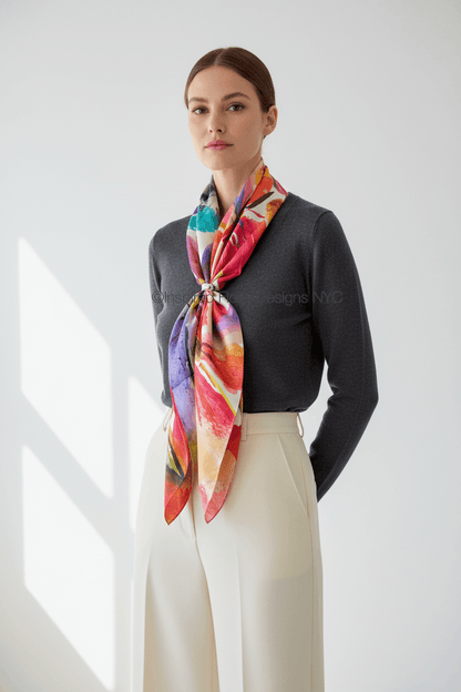 A woman wearing a dark gray knit sweater and cream wide-leg trousers, styled with a vibrant multicolor abstract floral print silk scarf by Inspired Floral Designs NYC LLC tied around her neck. Copyright