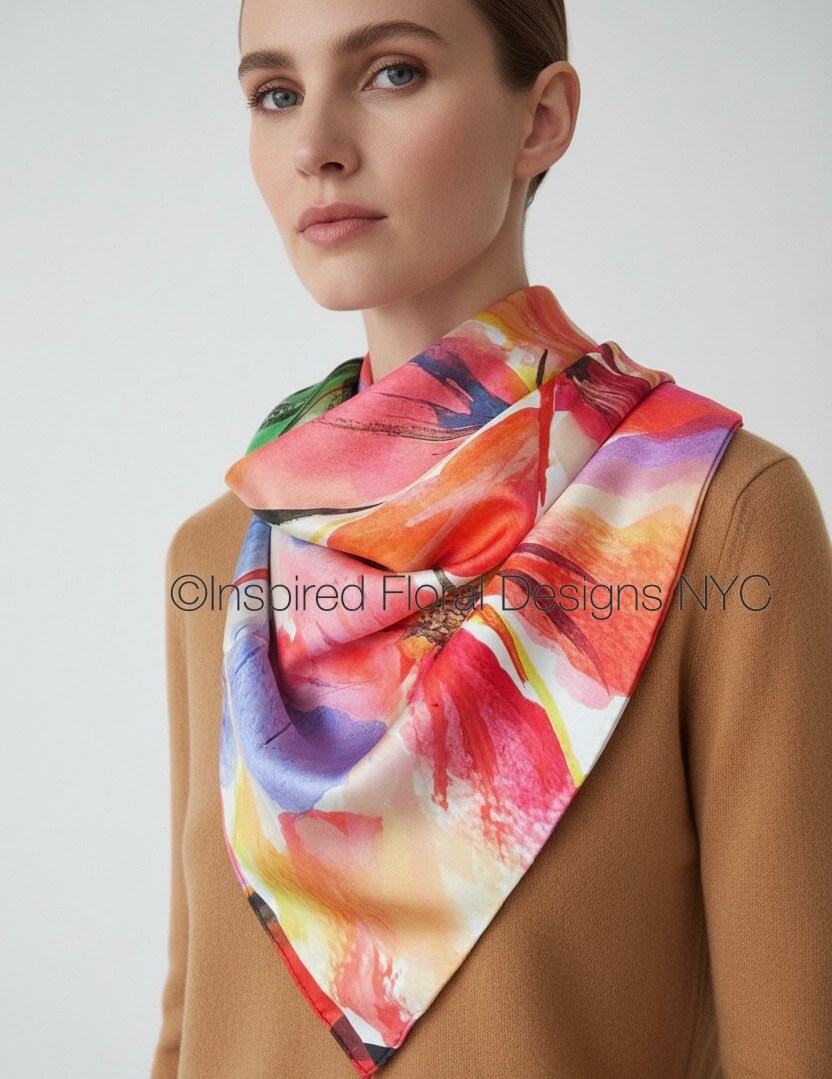 A woman wearing a vibrant, multicolored abstract floral silk scarf by Inspired Floral Designs NYC LLC draped around her neck over a camel brown sweater, against a plain light gray background. Copyright