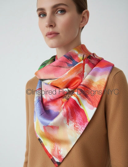 A woman wearing a vibrant, multicolored abstract floral silk scarf by Inspired Floral Designs NYC LLC draped around her neck over a camel brown sweater, against a plain light gray background. Copyright