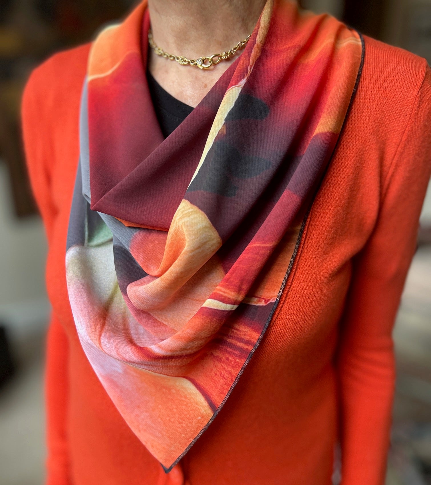 tunning and sophisticated with vibrant colors! This is definitely a conversation starter. This scarf is entitled "Beleza" which means beauty in Portuguese and it's just that....a beauty! vegan georgette 