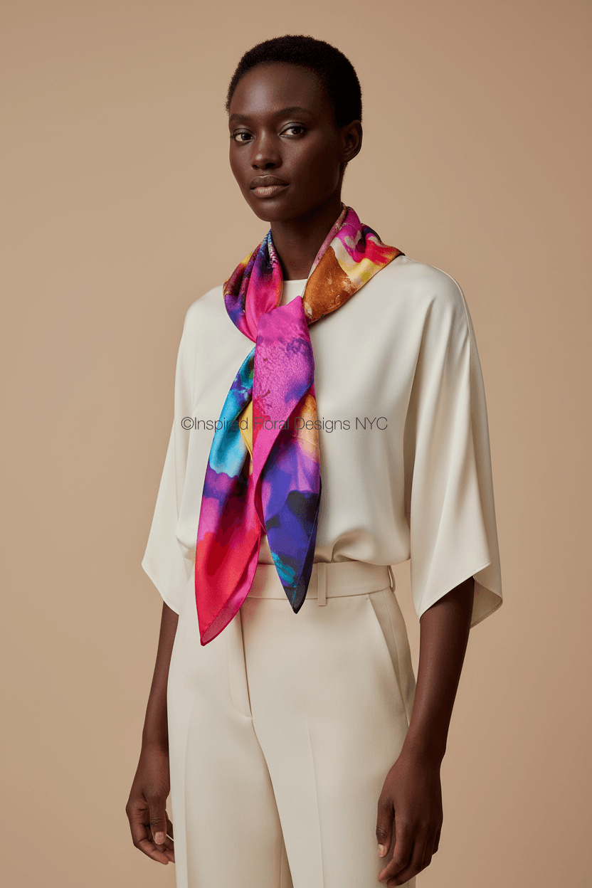 A model wearing a cream-colored two-piece outfit and a vibrant multicolor silk scarf with pink, blue, purple, and orange tones, posed against a solid beige background. By Inspired Floral Designs NYC LLC Copyright