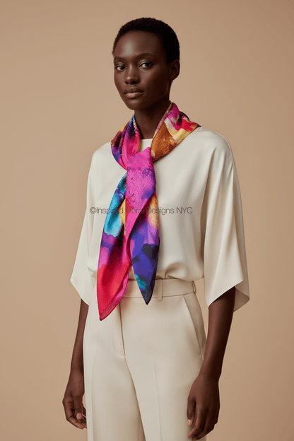 A model wearing a cream-colored two-piece outfit and a vibrant multicolor silk scarf with pink, blue, purple, and orange tones, posed against a solid beige background. By Inspired Floral Designs NYC LLC Copyright