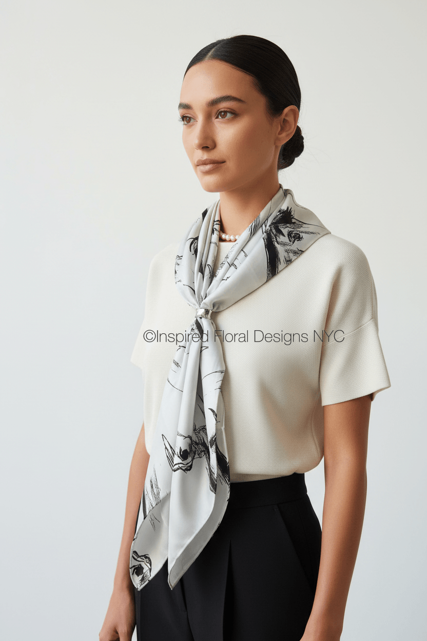 A woman wearing a cream short-sleeve top and black pants, styled with a white and black horse head repeating pattern silk scarf by Whitney at Inspired Floral Designs NYC LLC against a light gray background. Copyright