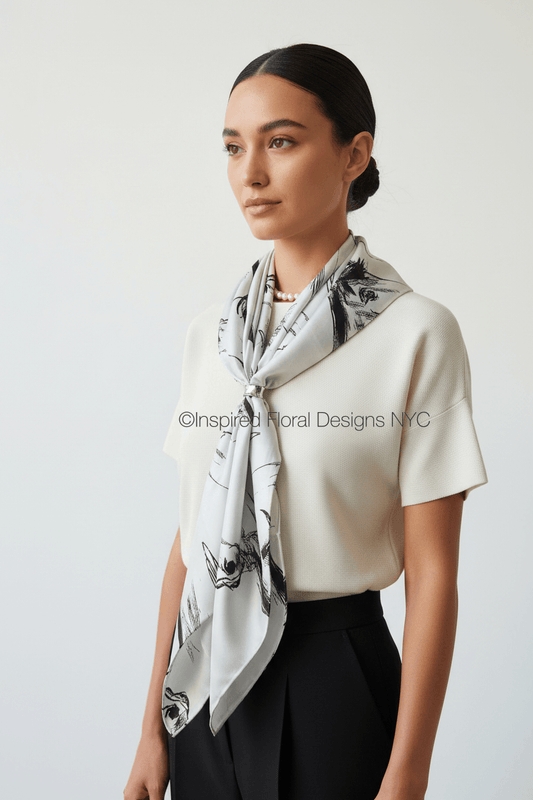 A woman wearing a cream short-sleeve top and black pants, styled with a white and black horse head repeating pattern silk scarf by Whitney at Inspired Floral Designs NYC LLC against a light gray background. Copyright