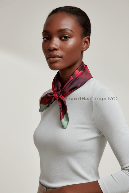 A woman wearing a white long-sleeve top and a patterned silk neck scarf in red, green, and black, by Inspired Floral Designs NYC llc photographed against a neutral light gray background. Copyright