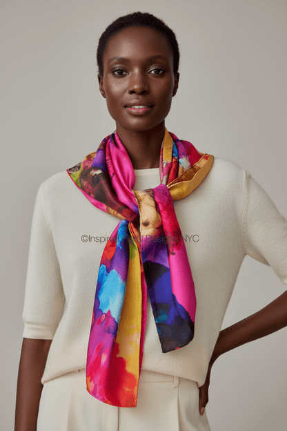A model wearing a cream-colored knit top and matching trousers, styled with a vibrant silk scarf featuring a colorful abstract watercolor pattern in pink, blue, yellow, and purple. By Inspired Floral Designs NYC LLC copyright 