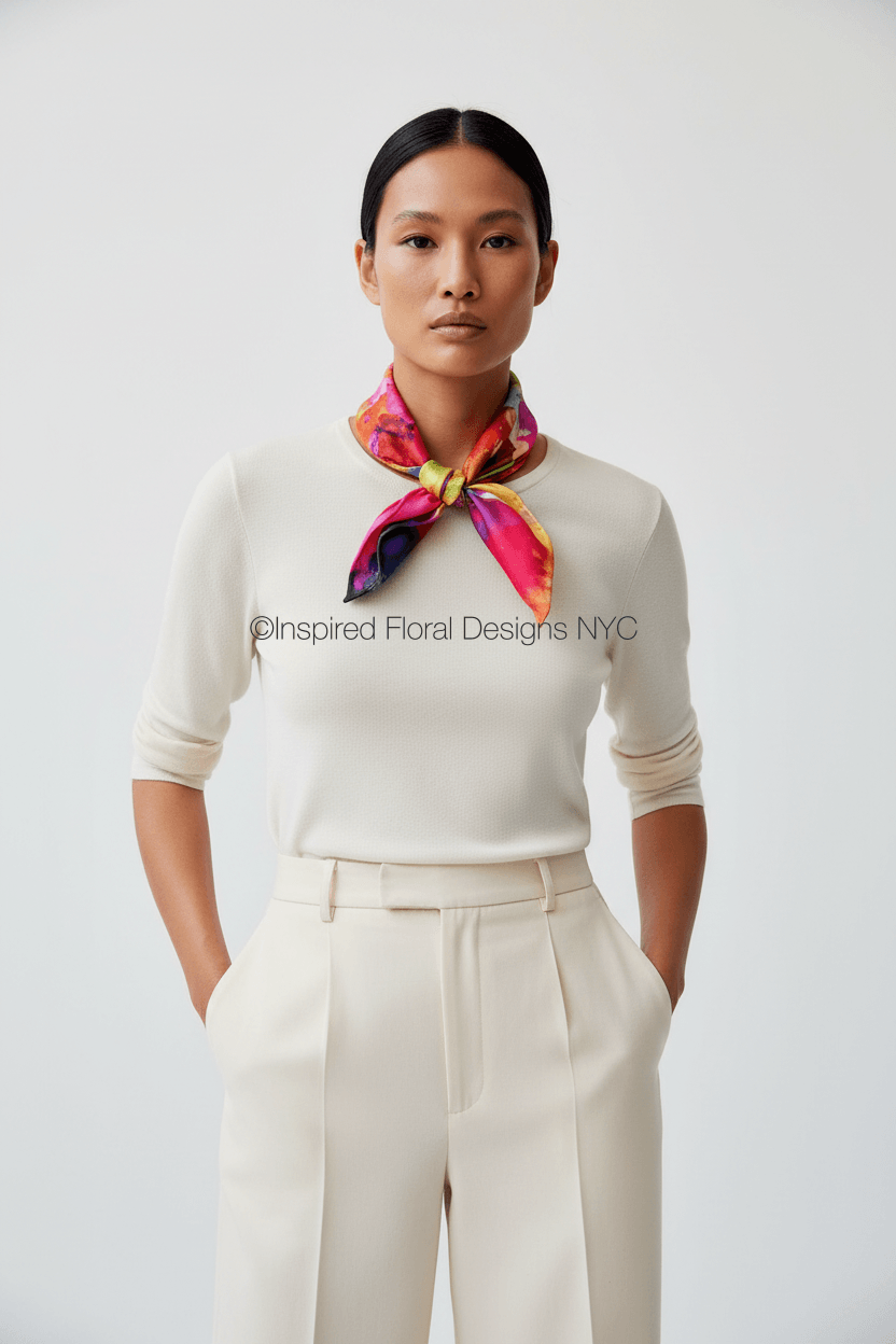 A model wearing a cream-colored knit top and matching trousers, accessorized with a vibrant multicolor silk scarf by Inspired Floral Designs NYC LLC set against a plain light gray background. - Copyright