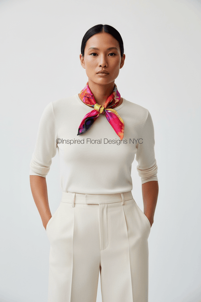 A model wearing a cream-colored knit top and matching trousers, accessorized with a vibrant multicolor silk scarf by Inspired Floral Designs NYC LLC set against a plain light gray background. - Copyright