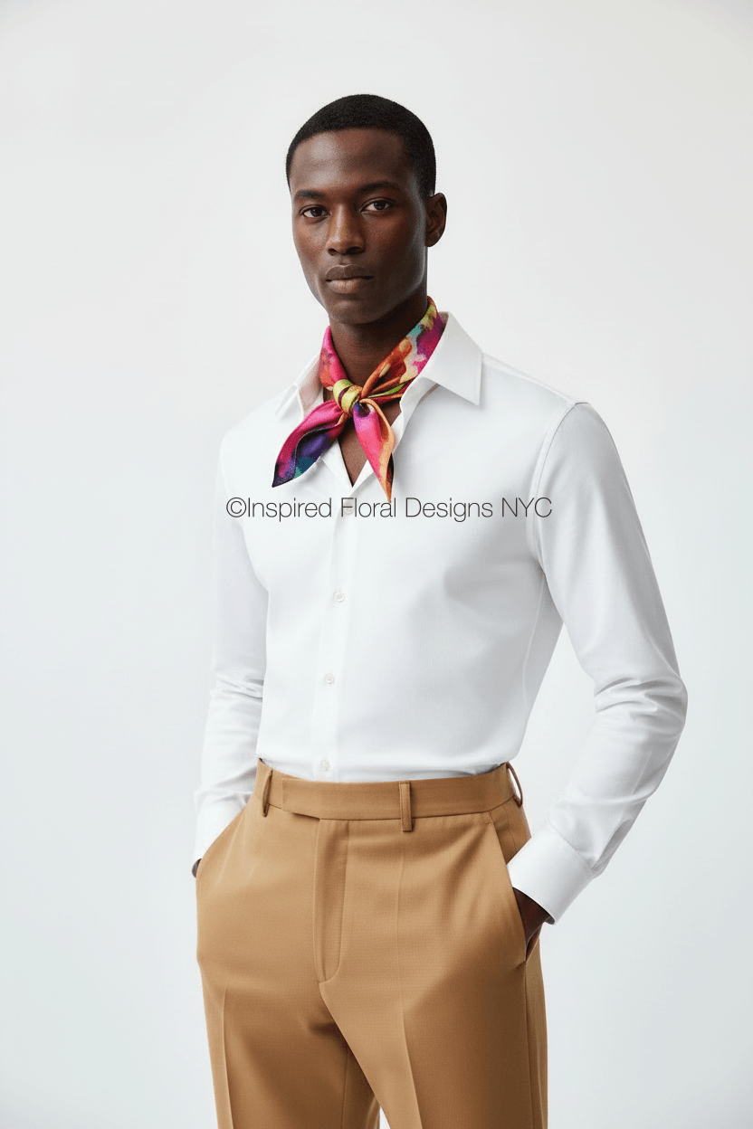 A man wearing a white long-sleeve dress shirt, tan trousers, and a vibrant multicolor silk neck scarf by Inspired Floral Designs NYC LLC standing against a plain light gray background. Copyright