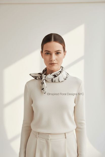 A woman wearing a cream knit sweater and matching trousers, with a black and white horse head patterned scarf by Whitney at Inspired Floral Designs NYC tied around her neck, standing against a white wall with soft window light shadows. Copyright
